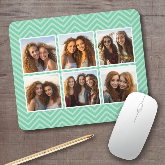 Mint Chevron Pattern with Trendy 6 Photo Collage Mouse Mat (Personalized mousepad - add your photos and custom text)