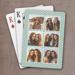 Mint Chevron Pattern with Trendy 6 Photo Collage Playing Cards