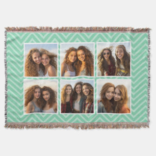 Mint Chevron Pattern with Trendy 6 Photo Collage Throw Blanket