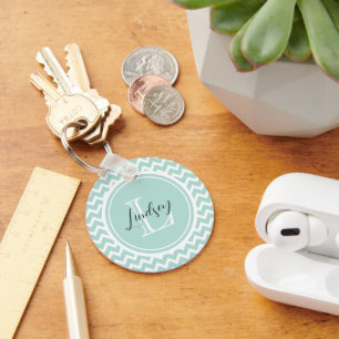 Mint Chevron with Custom Monogram Key Ring