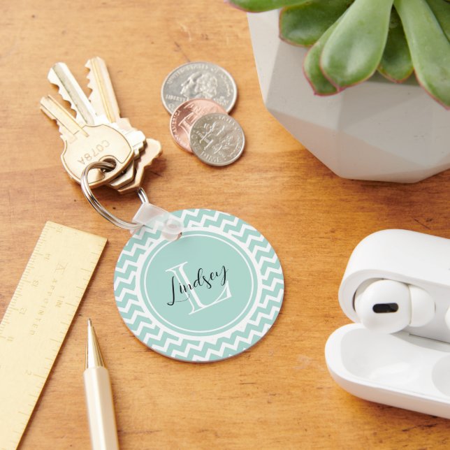 Mint Chevron with Custom Monogram Key Ring (Desk)