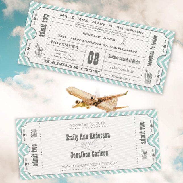 Mint Chevron Zigzag Vintage Modern Ticket Wedding Invitation (Creator Uploaded)