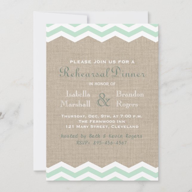 Mint Chevrons on Burlap Rehearsal Dinner Invite (Front)