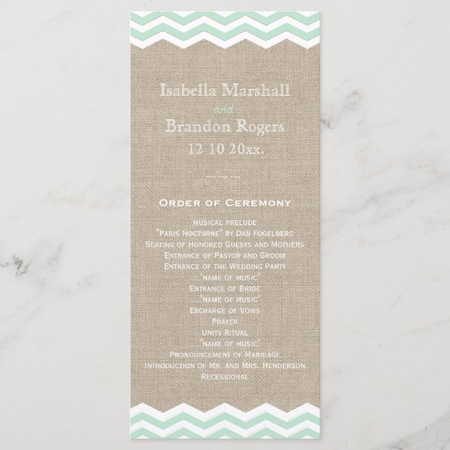 Mint Chevrons on Burlap Wedding Program Programme (Front)