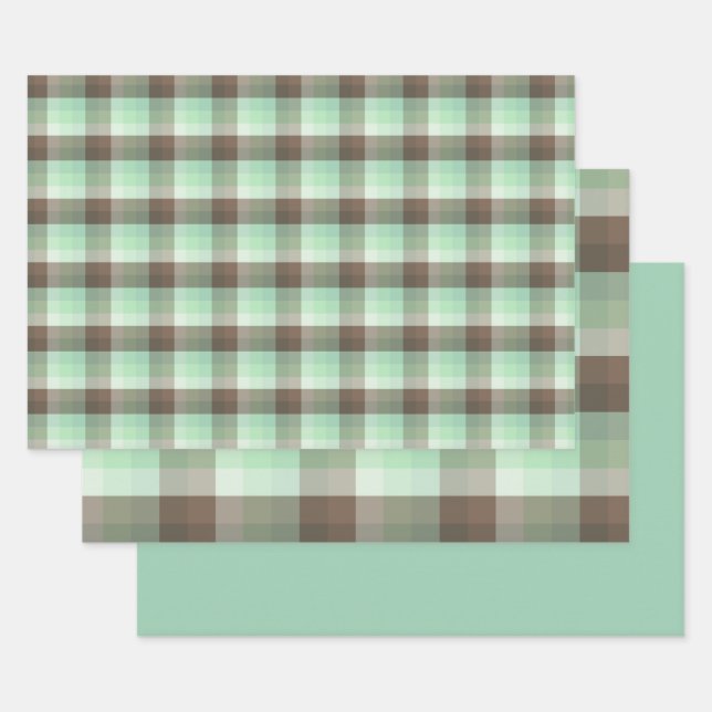 Mint Chocolate Chip Colour Block Plaid Stripes  Wrapping Paper Sheet (Set)