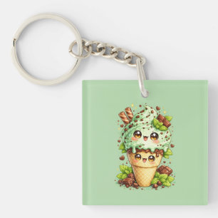 Mint Chocolate Chip Ice Cream Cone Kawaii Keyring