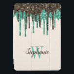 Mint Chocolate Ice Cream Glitter Drips Monogram iPad Pro Cover<br><div class="desc">This fun design features a top border of dripping faux glitter in ice cream colours: mint green and chocolate brown. Personalise it with her name in matching chocolate brown handwriting script and her initial in mint green serif font on an ivory background.</div>