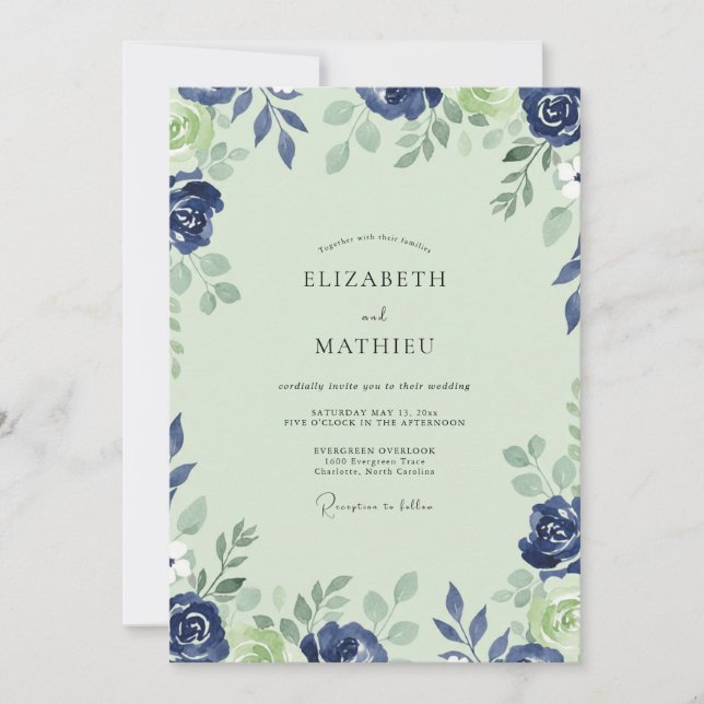 Mint Cobalt Petal Wedding Invitation (Front)
