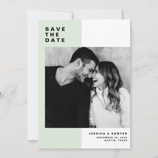 Mint Colour Block with Modern Typography Photo Save The Date (Front)