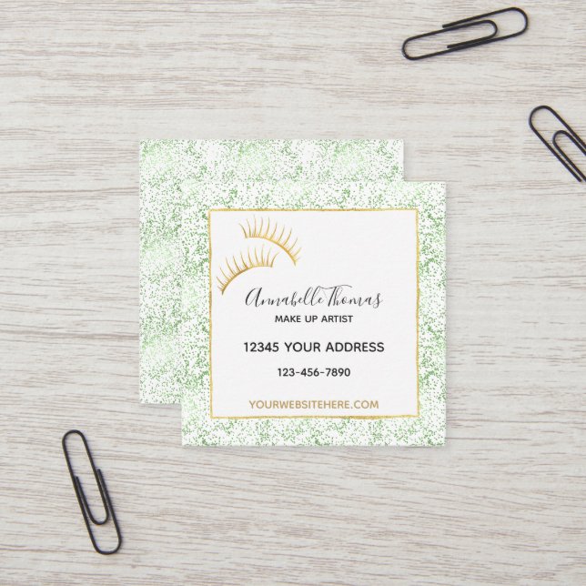Mint Confetti Dots Gold Eyelashes Square Business Card (Front/Back In Situ)