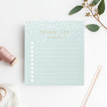 Mint | Confetti Dots Personalised To-Do List Notepad<br><div class="desc">Chic personalised notepad features "to do list" at the top with your name beneath, in dark antique gold lettering on an ethereal pastel mint green background dotted with white confetti dots raining from the top. Keep track of all your important items with this lined to-do list note pad featuring 10...</div>