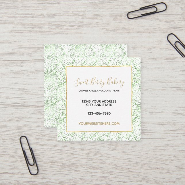 Mint Confetti Dots with Gold Square Business Card (Front/Back In Situ)