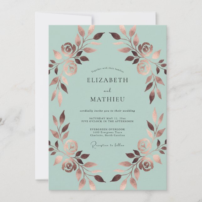 Mint Copper Leafy Wedding Invitation (Front)