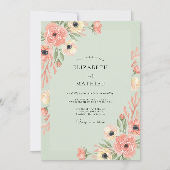 Mint Coral Anemone Wedding Invitation (Front)