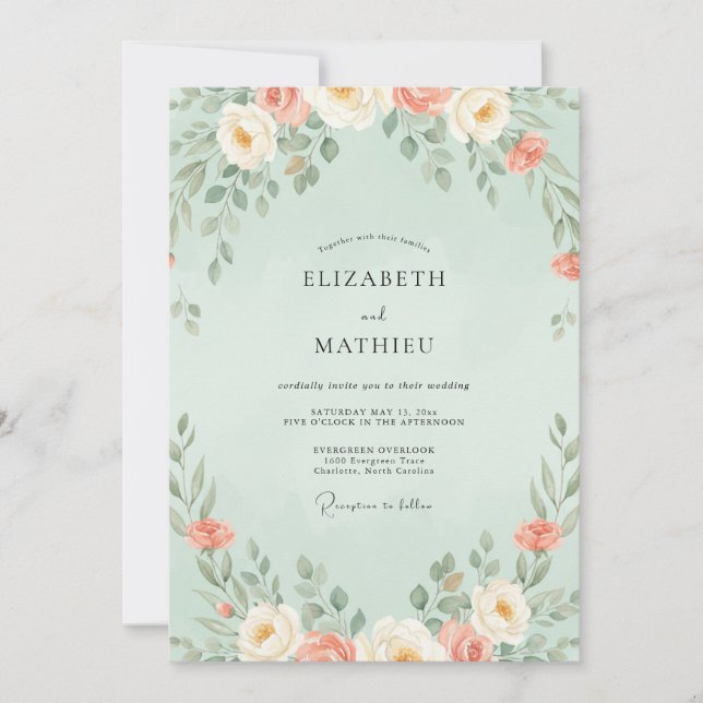 Mint Coral Blossom Wedding Invitation (Front)