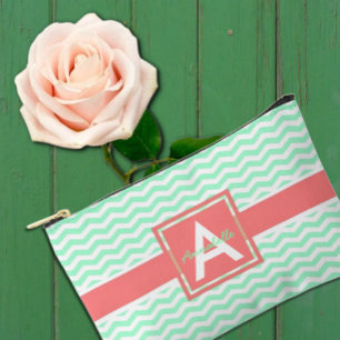 Mint Coral Chevron Accessory Pouch