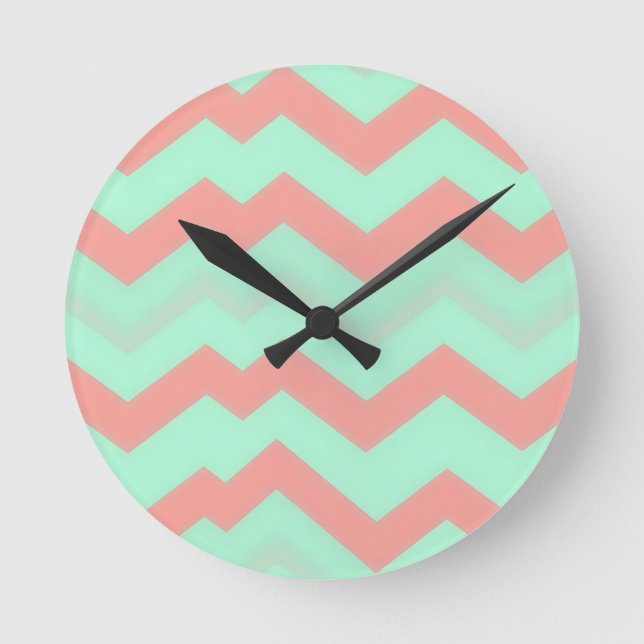 Mint Coral Chevron Pattern Round Clock (Front)