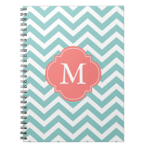 Mint & Coral Chevrons Monogram Notebook