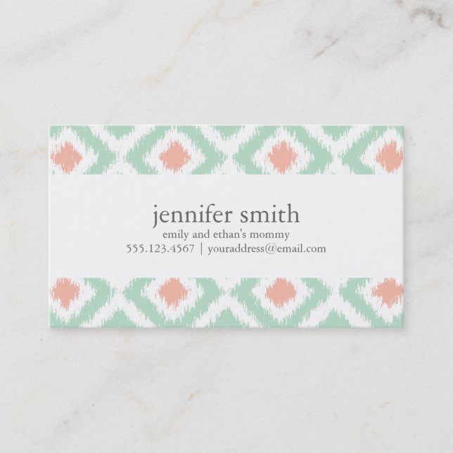Mint Coral Diamonds Ikat Pattern Calling Card (Front)