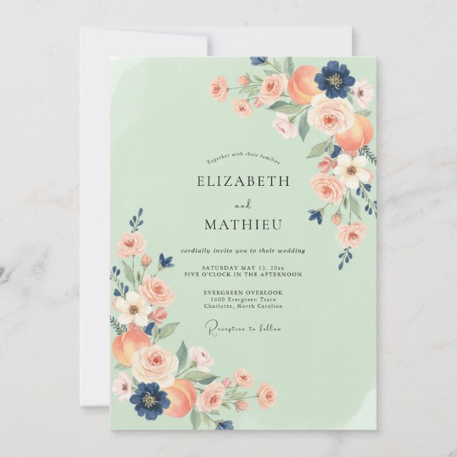 Mint Coral Indigo Ranunculus Eucalyptus Wedding Invitation (Front)