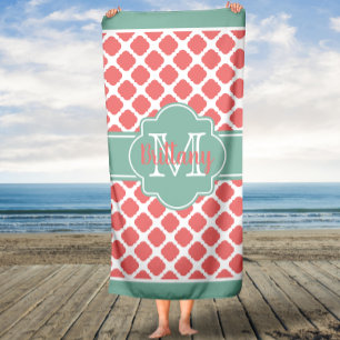 Mint Coral Moroccan Monogrammed Bath Towel