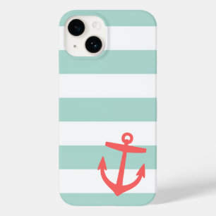 Mint & Coral Nautical Stripes and Cute Anchor Case-Mate iPhone 14 Case