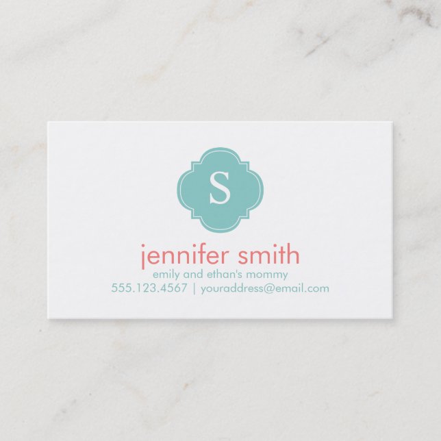 Mint Coral Quatrefoil Monogram Stripes Pattern Calling Card (Front)