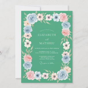 Mint Coral Ranunculus Eucalyptus Wedding Invitation