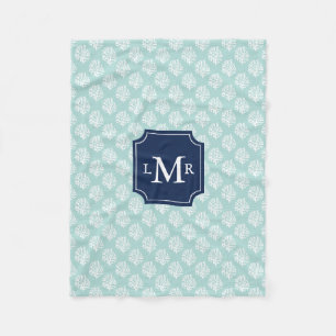 Mint Coral Reef Pattern and Blue Monogram Fleece Blanket