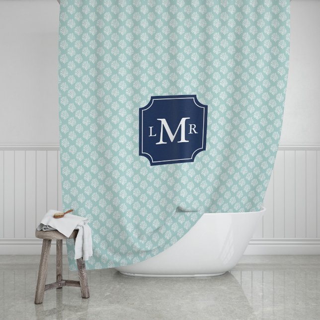 Mint Coral Reef Pattern and Blue Monogram Shower Curtain (Creator Uploaded)
