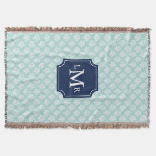 Mint Coral Reef Pattern and Blue Monogram Throw Blanket