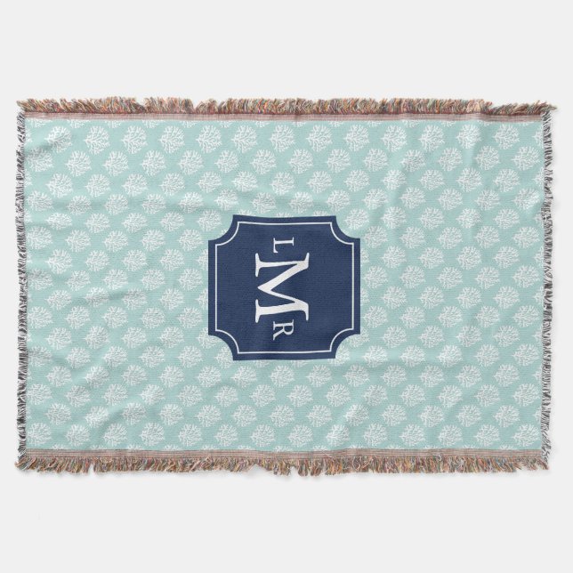 Mint Coral Reef Pattern and Blue Monogram Throw Blanket (Front)