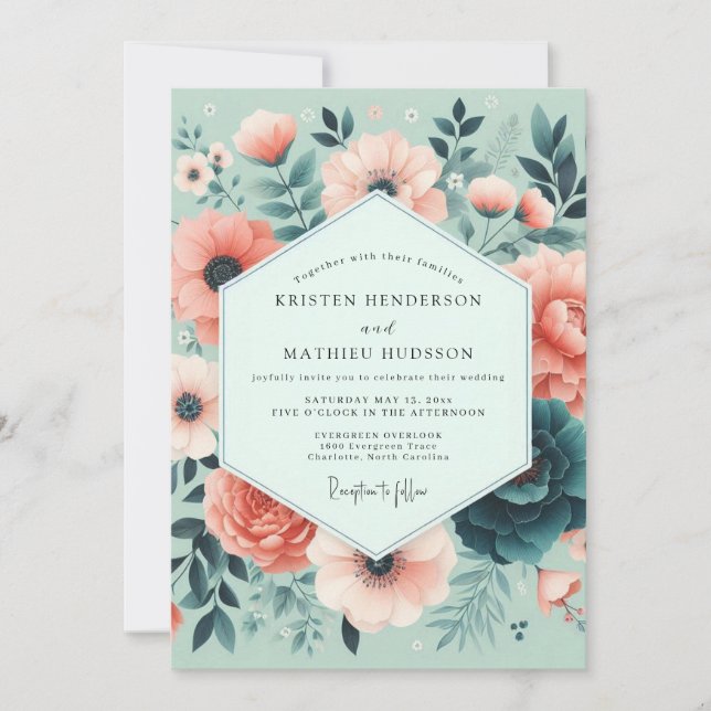 Mint Coral Romantic Bloom Wedding Invitation (Front)