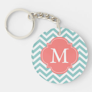 Mint & Coral Zigzag Pattern Monogram Key Ring