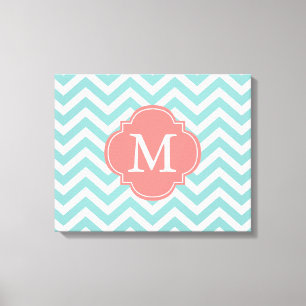 Mint & Coral Zigzags Pattern Monogram Canvas Print