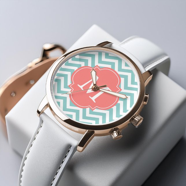 Mint & Coral Zigzags Pattern Monogram Watch (Creator Uploaded)