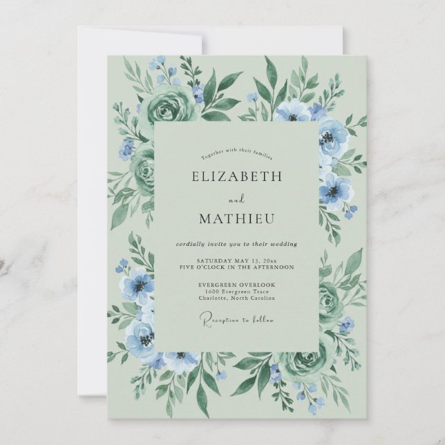 Mint Cornflower Foliage Eucalyptus Wedding Invitation (Front)