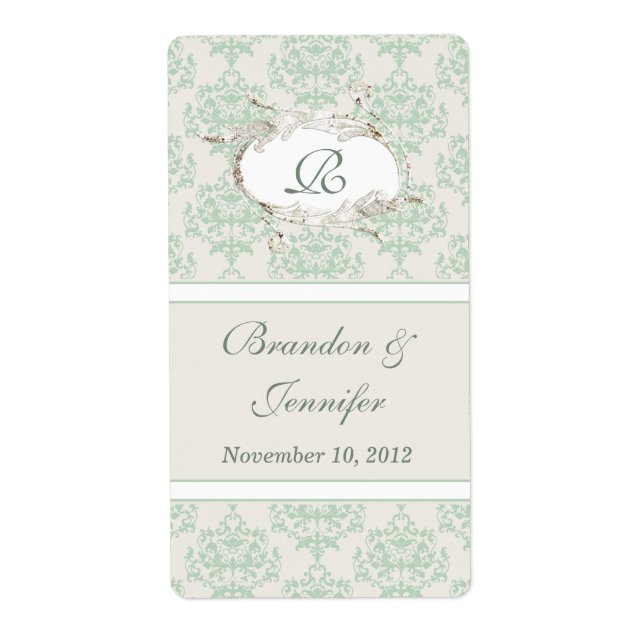 Mint Cottage Chic Damask Mini Wine Labels (Front)
