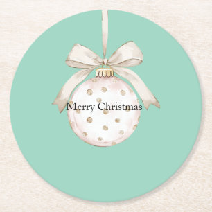 Mint Cream Dots Bow Ornament Christmas Round Paper Coaster