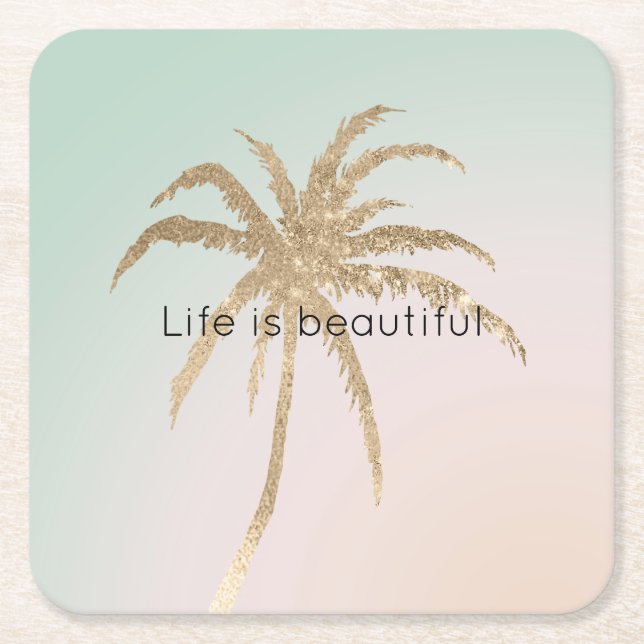 Mint Cream Ombre Tropical Gold Palm Trees          Square Paper Coaster (Front)