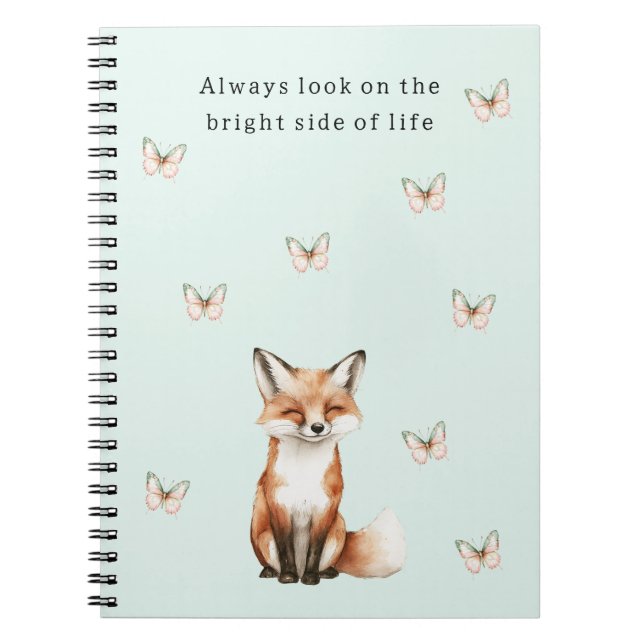 Mint Cute Happy Fox Bright Side Butterflies   Notebook (Front)
