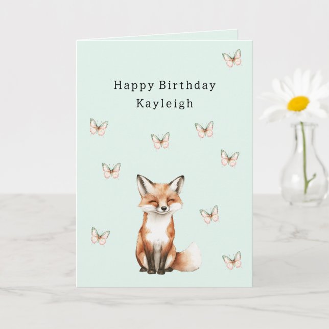 Mint Cute Happy Fox Butterflies Birthday Card (Small Plant)