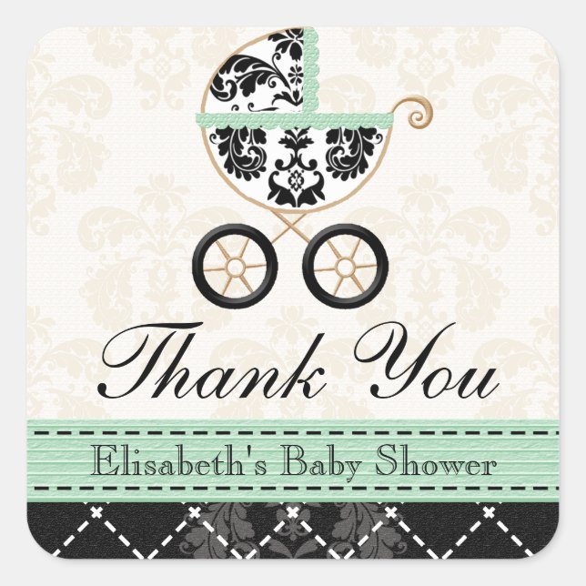 MINT DAMASK BABY CARRIAGE THANK YOU SQUARE STICKER (Front)