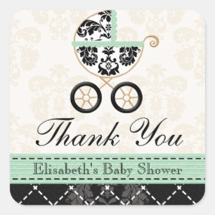 MINT DAMASK BABY CARRIAGE THANK YOU SQUARE STICKER