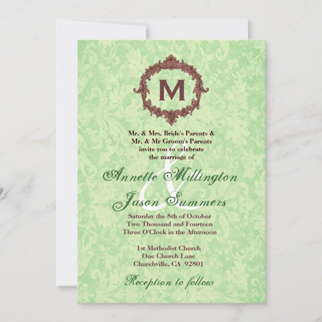 Mint Damask Chocolate  Frame Monogram Wedding Invitation (Front)