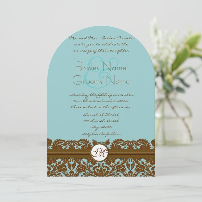Mint Damask Wedding Monogram Invitations (Standing Front)