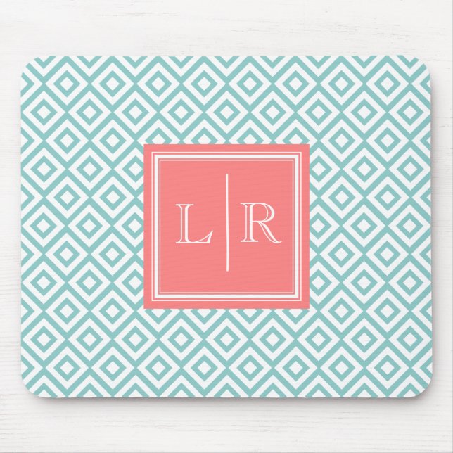Mint Diamonds Pattern and Monogram Mouse Mat (Front)