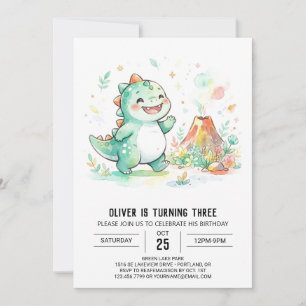 Mint Dinosaur Volcano Birthday Invitation