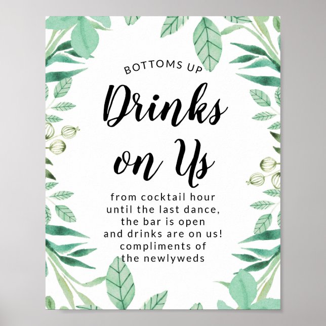 Mint Drinks on Us Open Bar Wedding Reception Sign (Front)