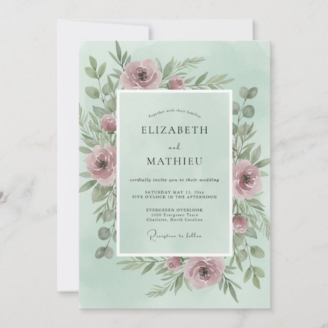 Mint Dusty Pink Peony Wedding Invitation (Front)